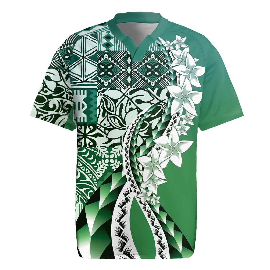 Aloha Vintage Plumeria Hawaiian Tapa Pattern Rugby Jersey Green Hawaiian Tapa Pattern LT9 Green - Polynesian Pride