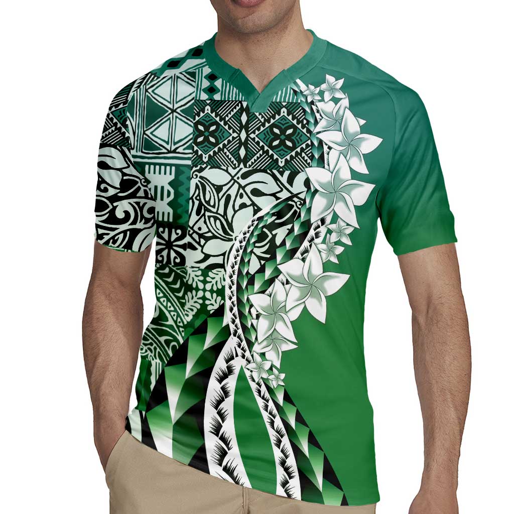 Aloha Vintage Plumeria Hawaiian Tapa Pattern Rugby Jersey Green Hawaiian Tapa Pattern LT9 - Polynesian Pride