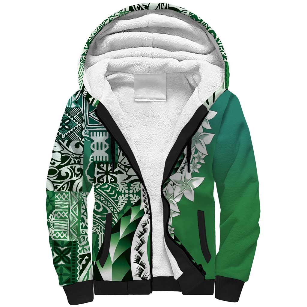 Aloha Vintage Plumeria Hawaiian Tapa Pattern Sherpa Hoodie Green Hawaiian Tapa Pattern LT9 Unisex Green - Polynesian Pride