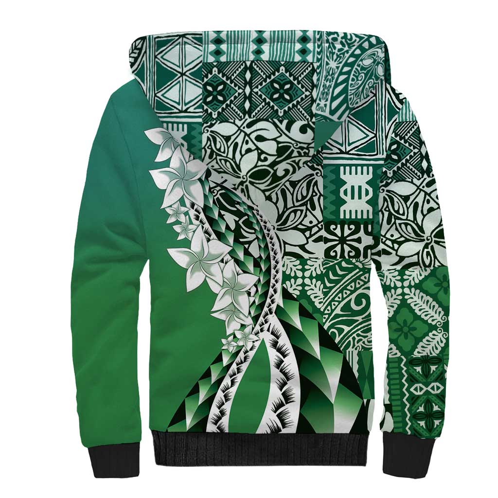 Aloha Vintage Plumeria Hawaiian Tapa Pattern Sherpa Hoodie Green Hawaiian Tapa Pattern LT9 - Polynesian Pride