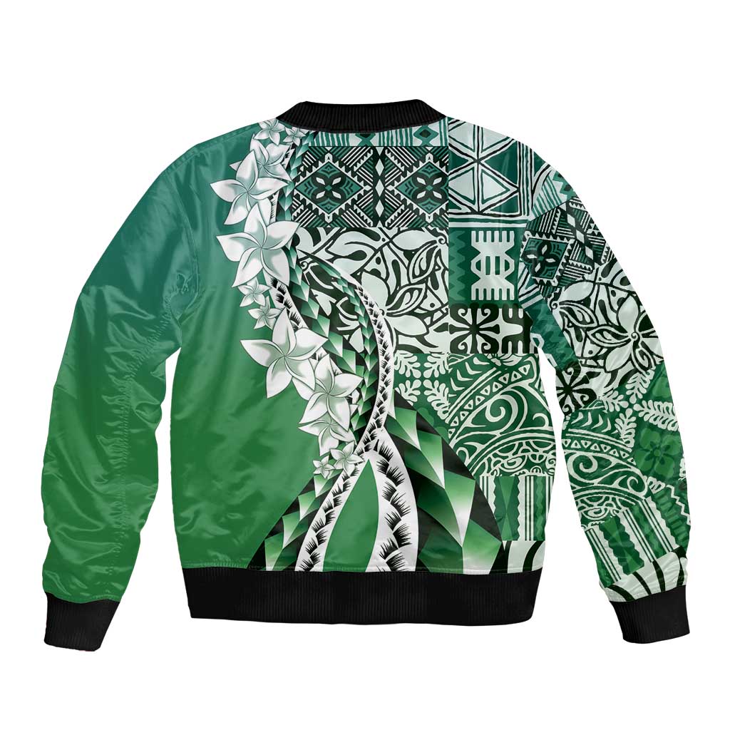 Aloha Vintage Plumeria Hawaiian Tapa Pattern Sleeve Zip Bomber Jacket Green Hawaiian Tapa Pattern - Polynesian Pride