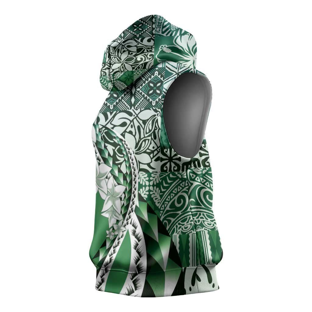 Aloha Vintage Plumeria Hawaiian Tapa Pattern Sleeveless Hoodie Green Hawaiian Tapa Pattern LT9 - Polynesian Pride