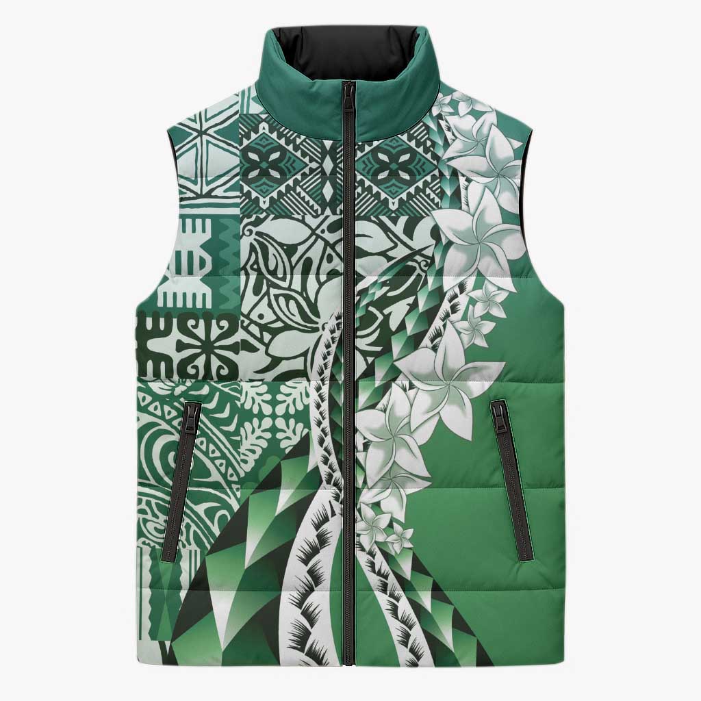 Aloha Vintage Plumeria Hawaiian Tapa Pattern Sleeveless Puffer Jacket Green Hawaiian Tapa Pattern LT9 Unisex Green - Polynesian Pride