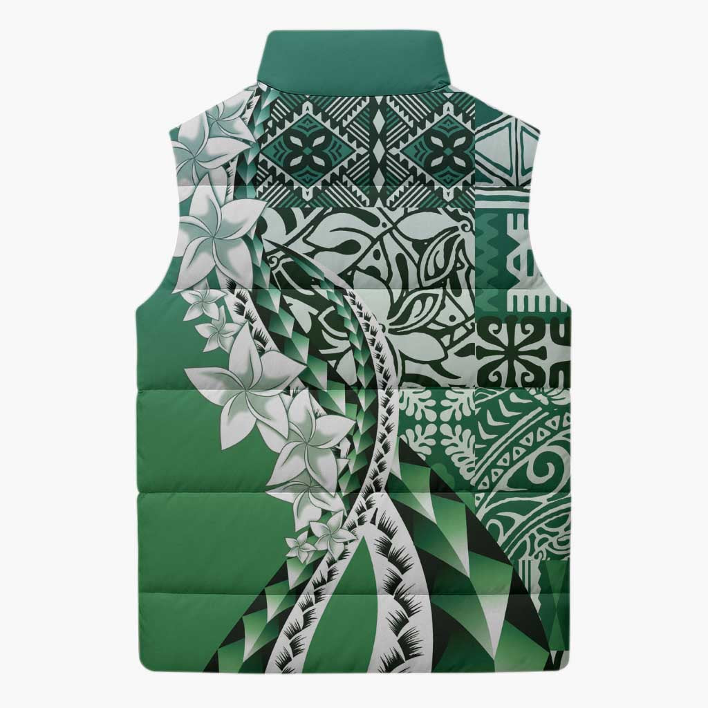 Aloha Vintage Plumeria Hawaiian Tapa Pattern Sleeveless Puffer Jacket Green Hawaiian Tapa Pattern LT9 - Polynesian Pride