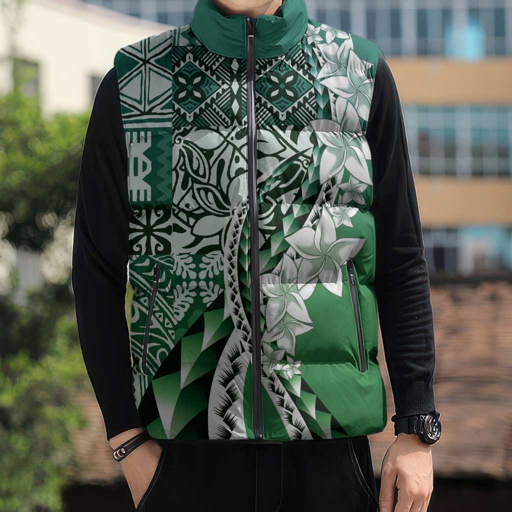 Aloha Vintage Plumeria Hawaiian Tapa Pattern Sleeveless Puffer Jacket Green Hawaiian Tapa Pattern LT9 - Polynesian Pride