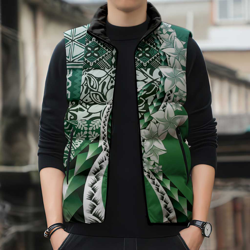 Aloha Vintage Plumeria Hawaiian Tapa Pattern Sleeveless Puffer Jacket Green Hawaiian Tapa Pattern LT9 - Polynesian Pride