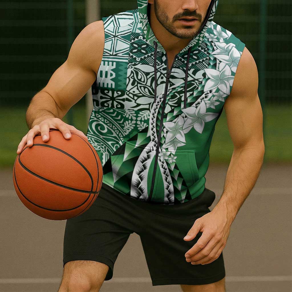 Aloha Vintage Plumeria Hawaiian Tapa Pattern Sleeveless Zip Hoodie Green Hawaiian Tapa Pattern LT9 - Polynesian Pride
