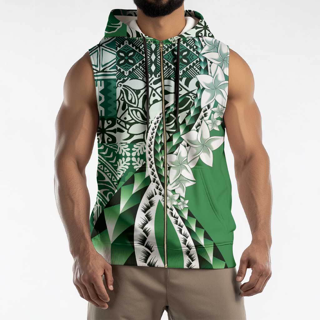Aloha Vintage Plumeria Hawaiian Tapa Pattern Sleeveless Zip Hoodie Green Hawaiian Tapa Pattern - Polynesian Pride