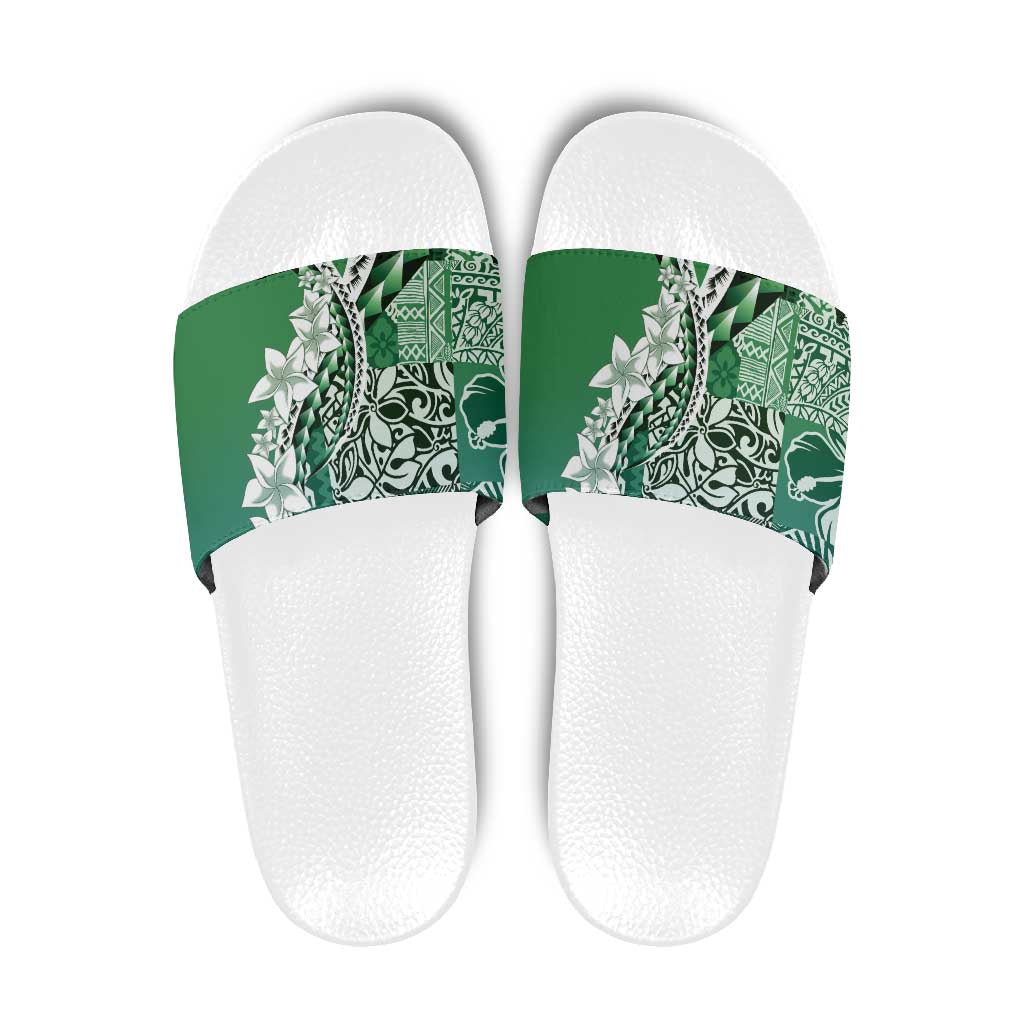 Aloha Vintage Plumeria Hawaiian Tapa Pattern Slide Sandals Green Hawaiian Tapa Pattern - Polynesian Pride