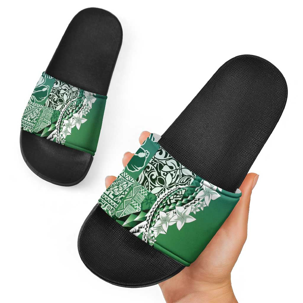 Aloha Vintage Plumeria Hawaiian Tapa Pattern Slide Sandals Green Hawaiian Tapa Pattern - Polynesian Pride