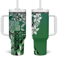 Aloha Vintage Plumeria Hawaiian Tapa Pattern Tumbler With Handle Green Hawaiian Tapa Pattern - Polynesian Pride