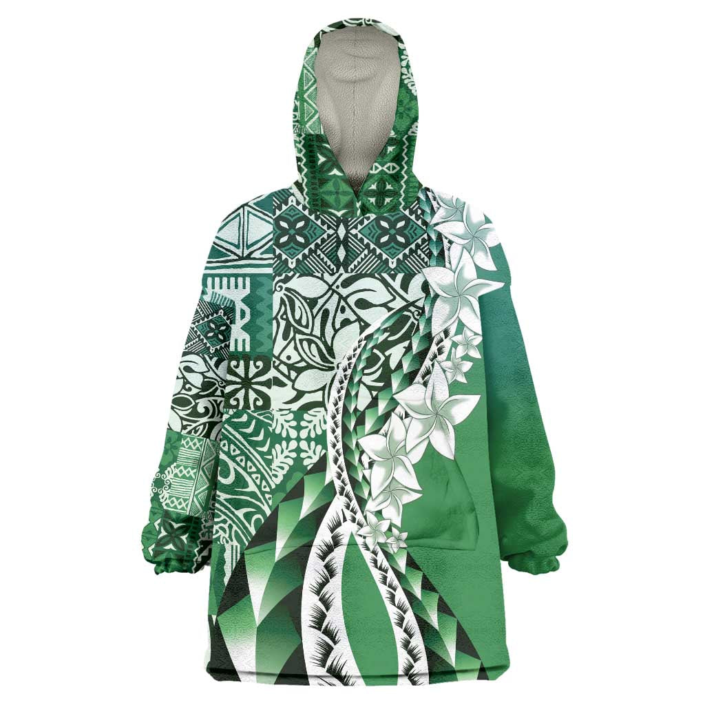 Aloha Vintage Plumeria Hawaiian Tapa Pattern Wearable Blanket Hoodie Green Hawaiian Tapa Pattern LT9 One Size Green - Polynesian Pride