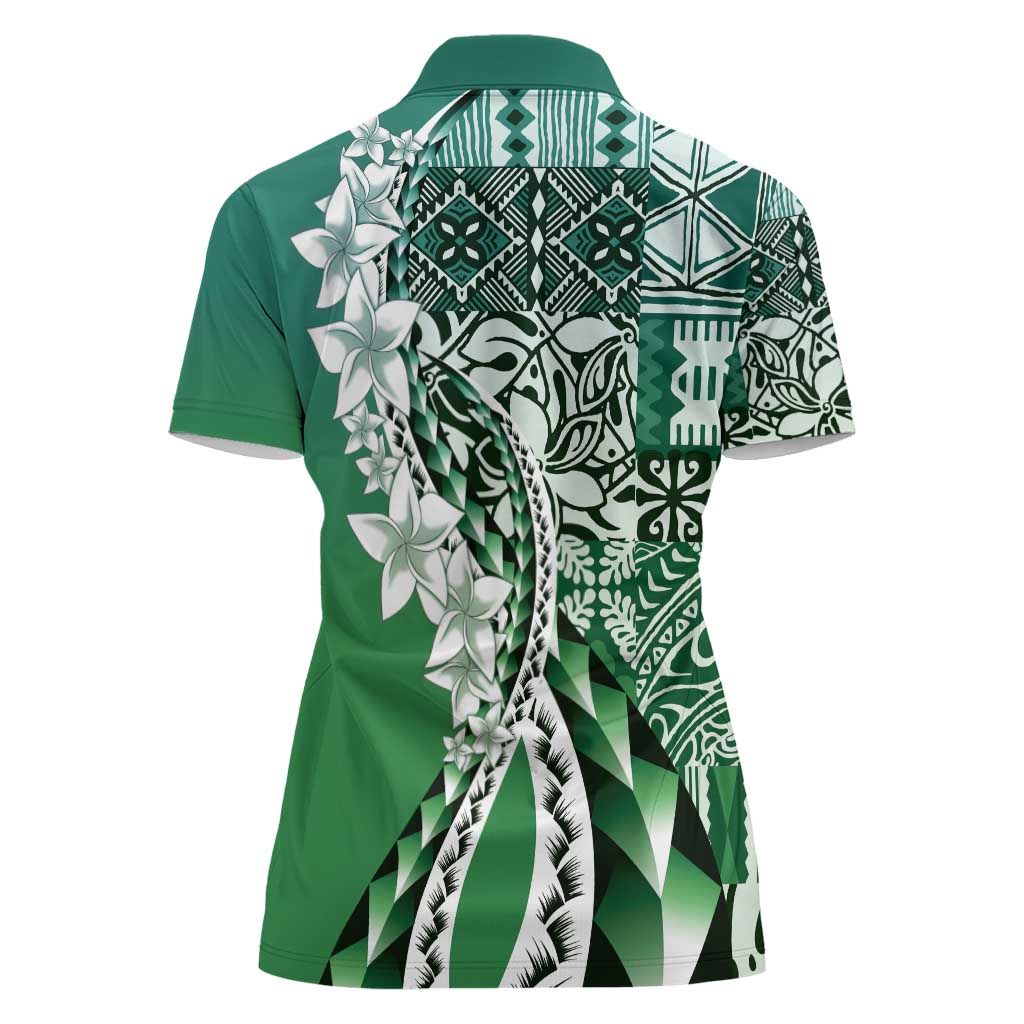 Aloha Vintage Plumeria Hawaiian Tapa Pattern Women Polo Shirt Green Hawaiian Tapa Pattern - Polynesian Pride