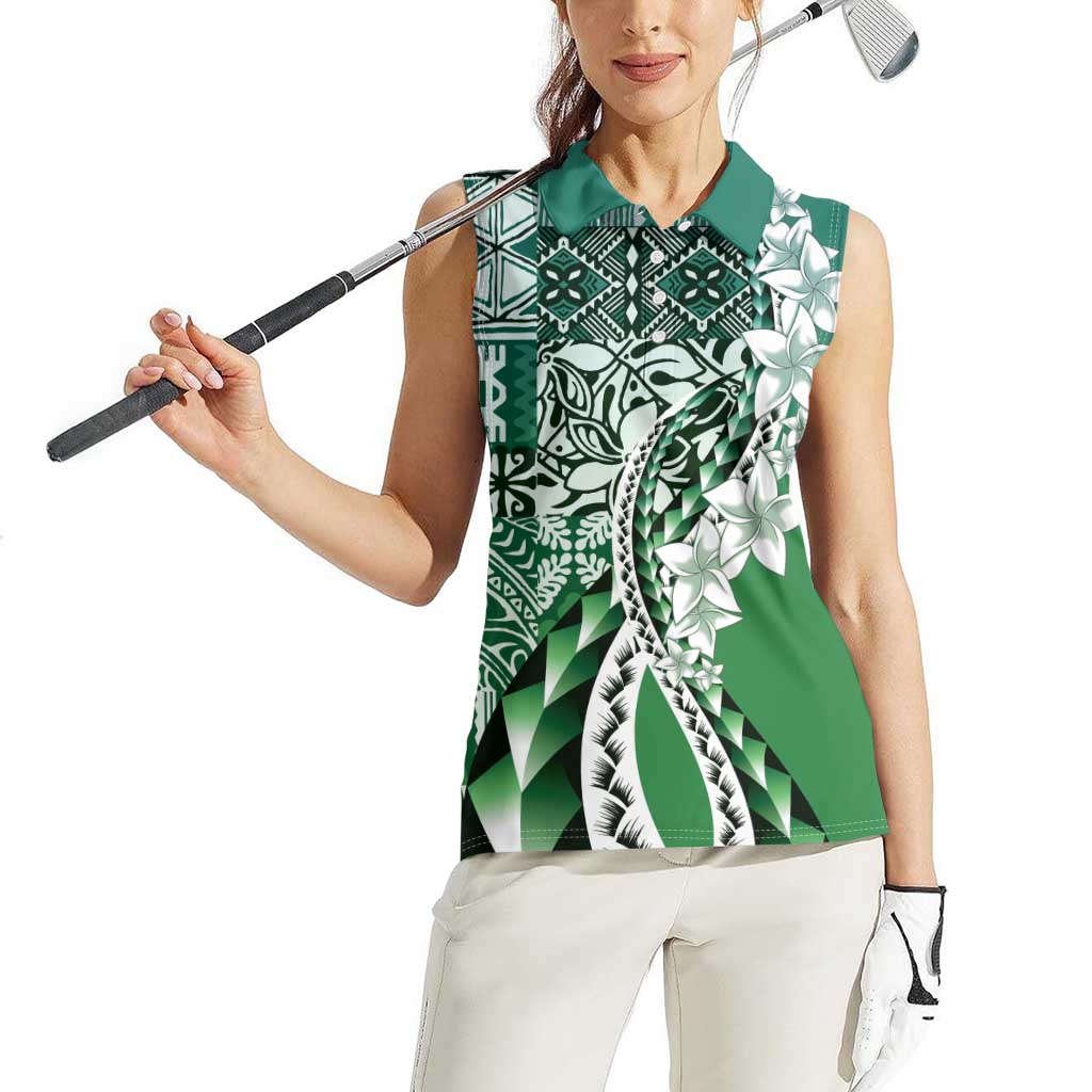 Aloha Vintage Plumeria Hawaiian Tapa Pattern Women Sleeveless Polo Shirt Green Hawaiian Tapa Pattern - Polynesian Pride