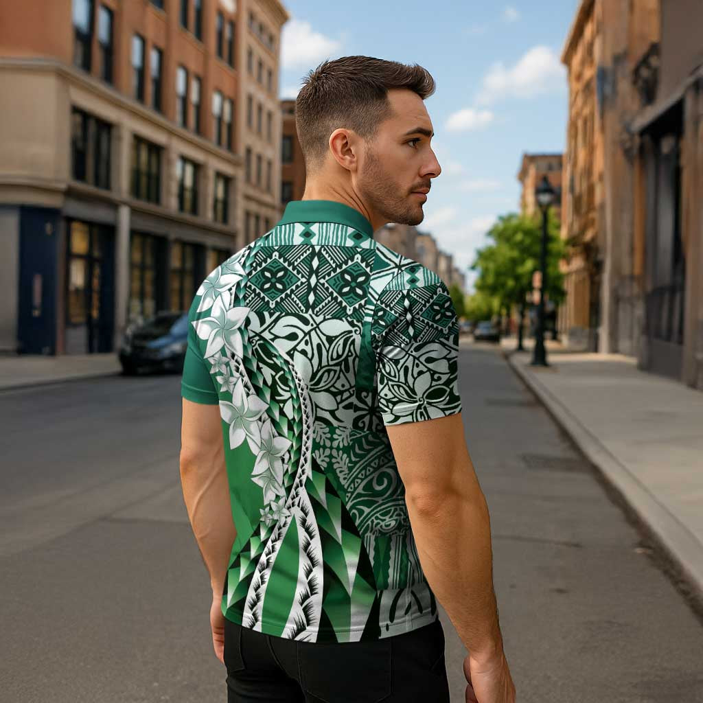 Aloha Vintage Plumeria Hawaiian Tapa Pattern Zipper Polo Shirt Green Hawaiian Tapa Pattern - Polynesian Pride