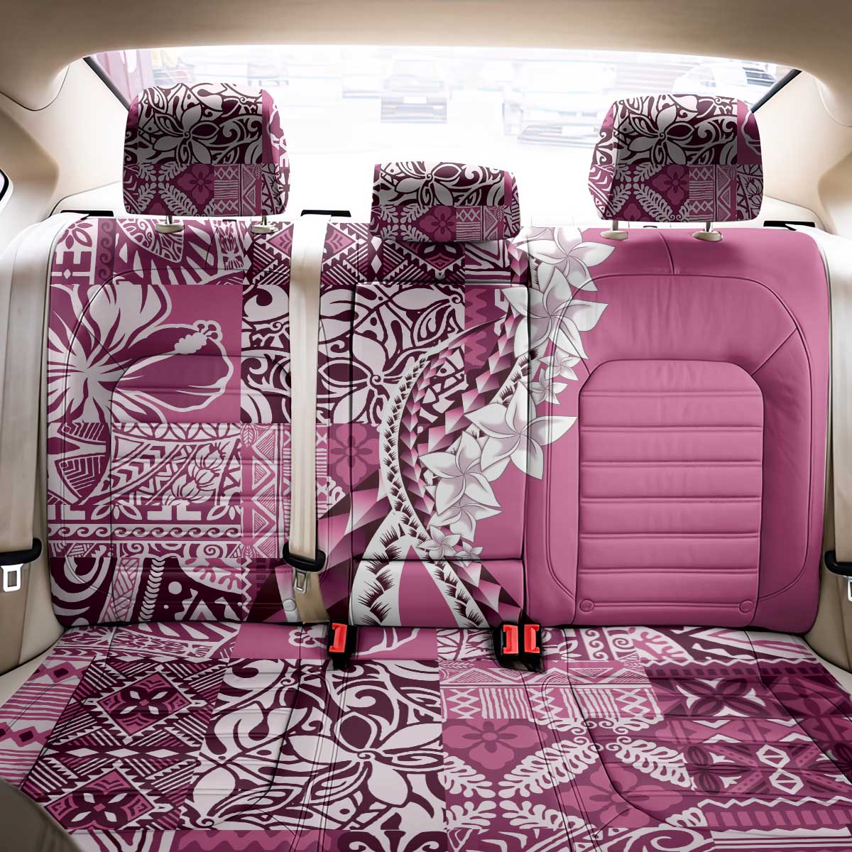 Aloha Vintage Plumeria Hawaiian Tapa Pattern Back Car Seat Cover Pink Hawaiian Tapa Pattern - Polynesian Pride