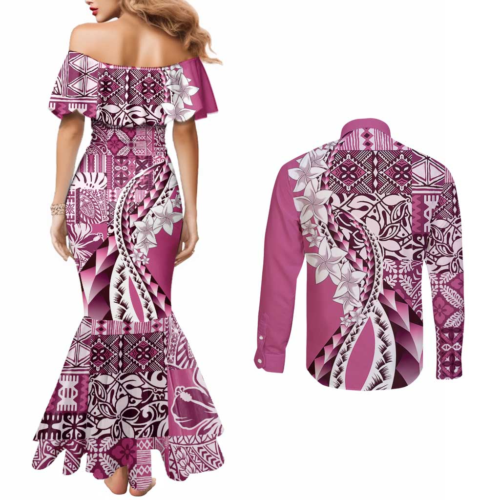 Aloha Vintage Plumeria Hawaiian Tapa Pattern Couples Matching Mermaid Dress and Long Sleeve Button Shirt Pink Hawaiian Tapa Pattern - Polynesian Pride