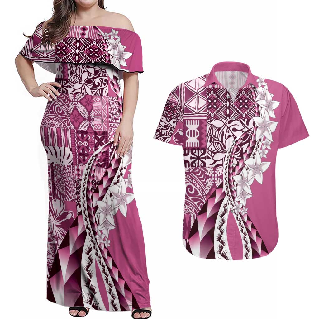 Aloha Vintage Plumeria Hawaiian Tapa Pattern Couples Matching Off Shoulder Maxi Dress and Hawaiian Shirt Pink Hawaiian Tapa Pattern - Polynesian Pride