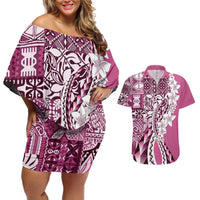 Aloha Vintage Plumeria Hawaiian Tapa Pattern Couples Matching Off Shoulder Short Dress and Hawaiian Shirt Pink Hawaiian Tapa Pattern - Polynesian Pride