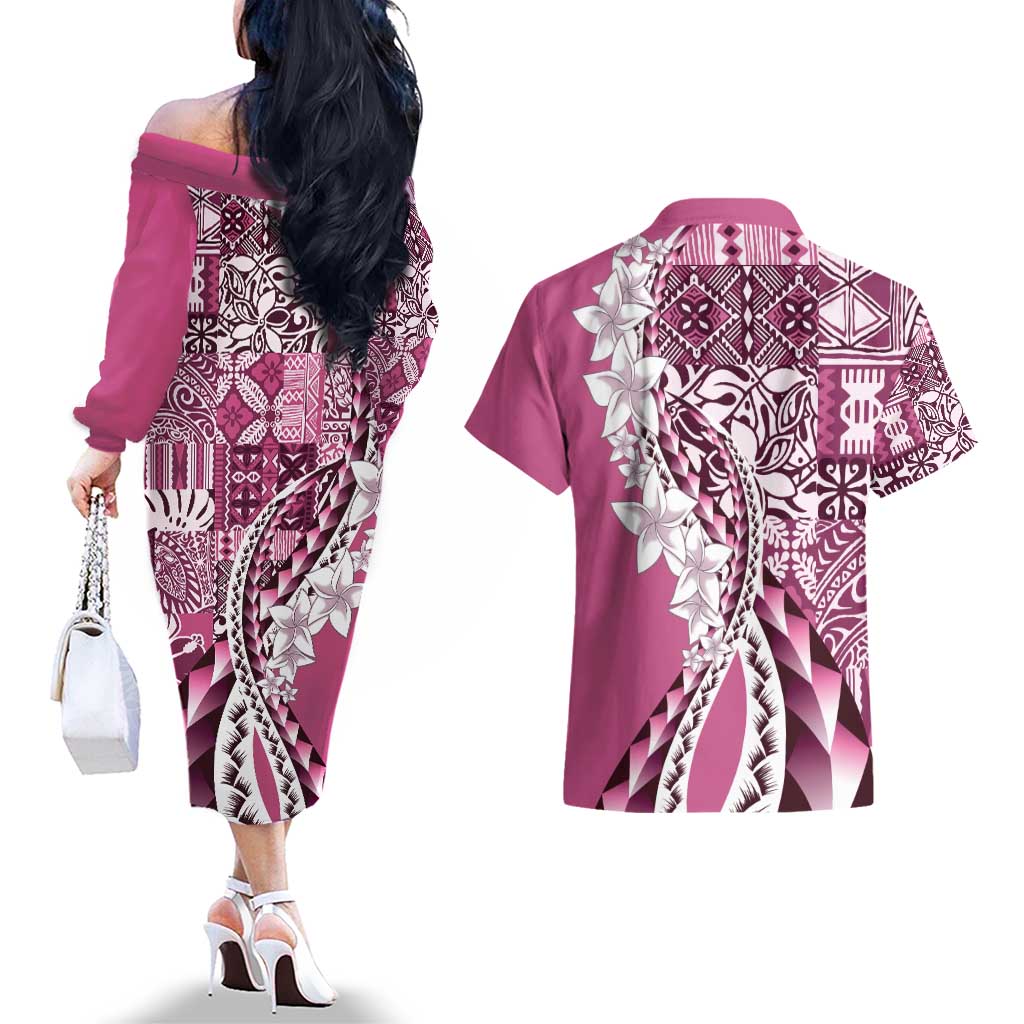Aloha Vintage Plumeria Hawaiian Tapa Pattern Couples Matching Off The Shoulder Long Sleeve Dress and Hawaiian Shirt Pink Hawaiian Tapa Pattern - Polynesian Pride