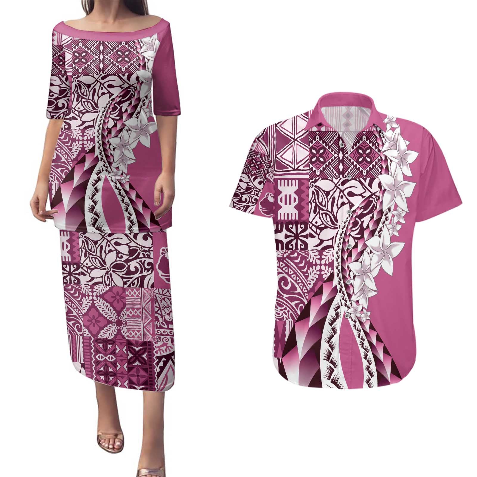 Aloha Vintage Plumeria Hawaiian Tapa Pattern Couples Matching Puletasi and Hawaiian Shirt Pink Hawaiian Tapa Pattern - Polynesian Pride
