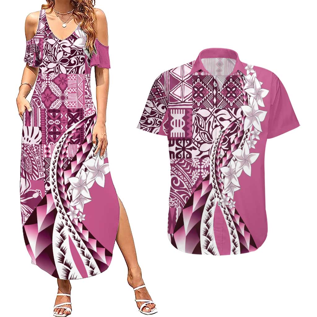 Aloha Vintage Plumeria Hawaiian Tapa Pattern Couples Matching Summer Maxi Dress and Hawaiian Shirt Pink Hawaiian Tapa Pattern - Polynesian Pride