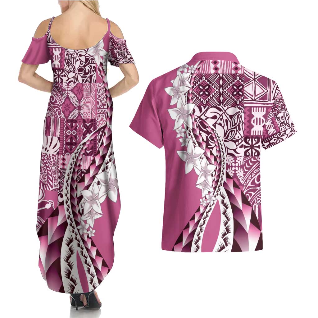 Aloha Vintage Plumeria Hawaiian Tapa Pattern Couples Matching Summer Maxi Dress and Hawaiian Shirt Pink Hawaiian Tapa Pattern - Polynesian Pride