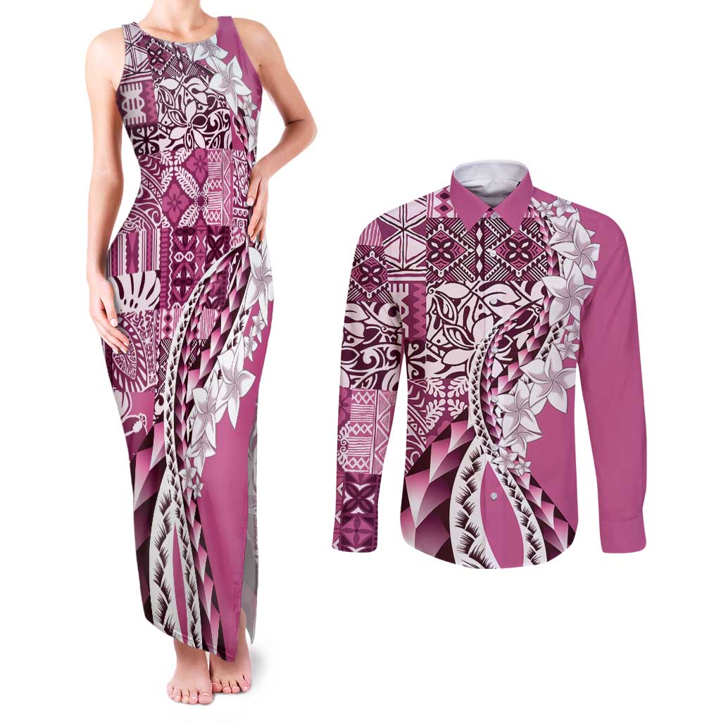 Aloha Vintage Plumeria Hawaiian Tapa Pattern Couples Matching Tank Maxi Dress and Long Sleeve Button Shirt Pink Hawaiian Tapa Pattern - Polynesian Pride
