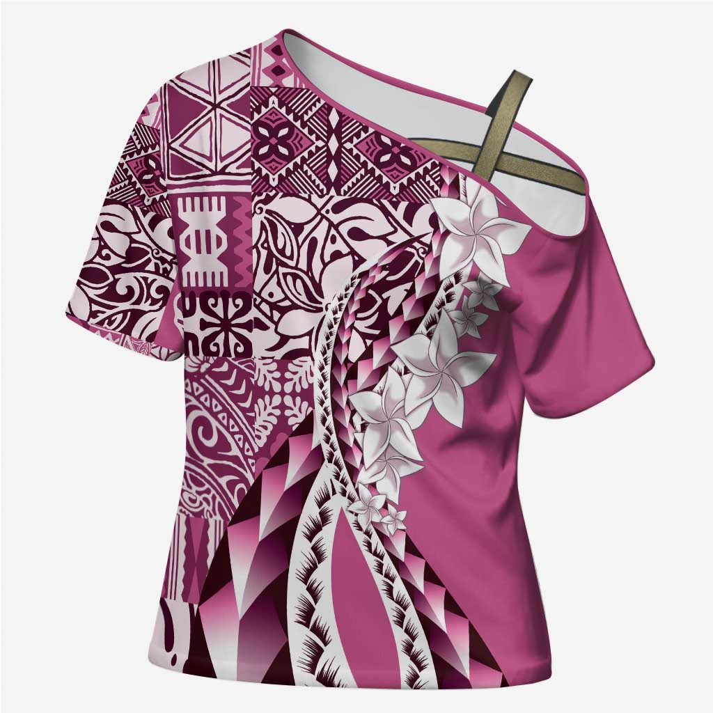 Aloha Vintage Plumeria Hawaiian Tapa Pattern Cross Shoulder Shirt Pink Hawaiian Tapa Pattern LT9 Female Pink - Polynesian Pride