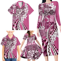 Aloha Vintage Plumeria Hawaiian Tapa Pattern Family Matching Long Sleeve Bodycon Dress and Hawaiian Shirt Pink Hawaiian Tapa Pattern - Polynesian Pride