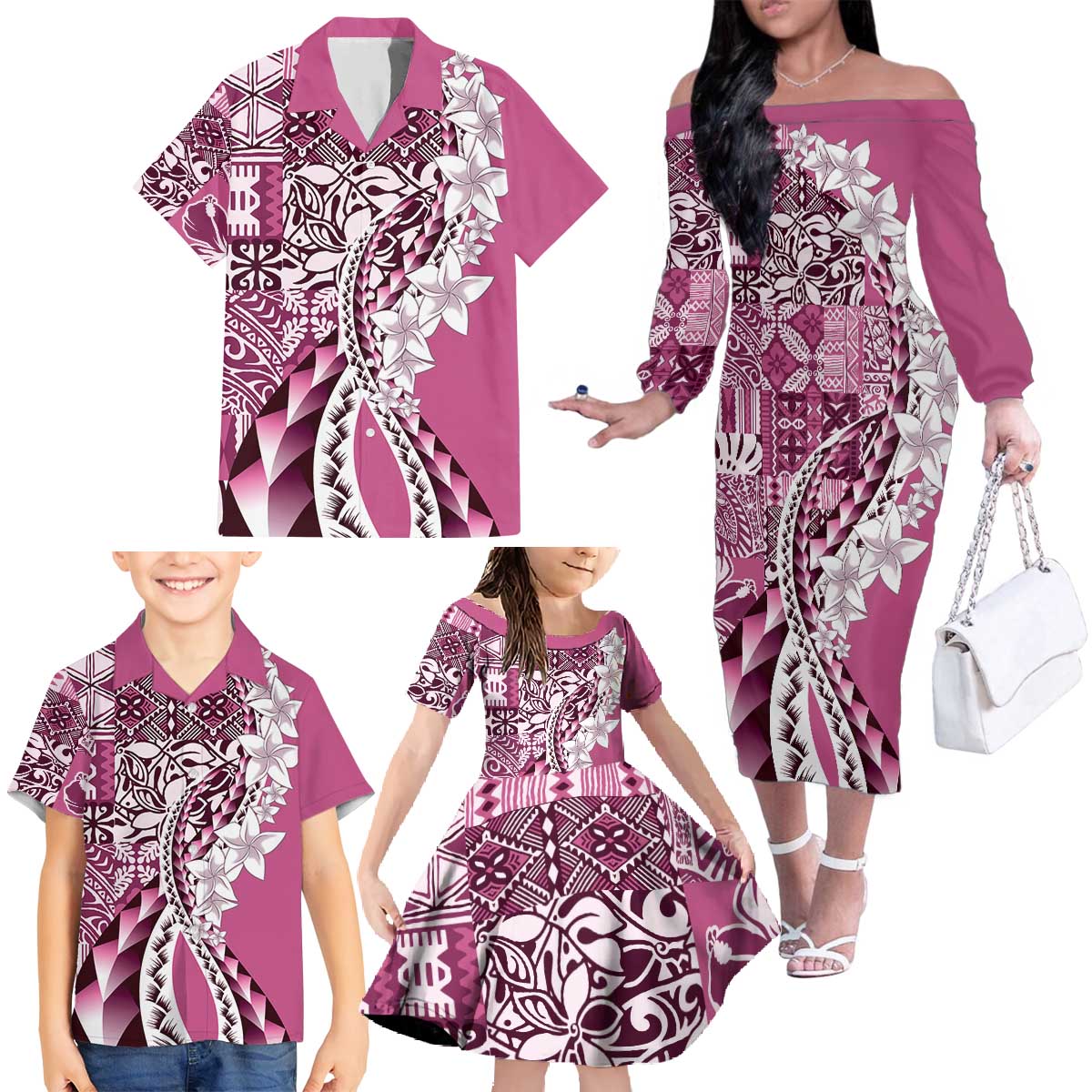Aloha Vintage Plumeria Hawaiian Tapa Pattern Family Matching Off The Shoulder Long Sleeve Dress and Hawaiian Shirt Pink Hawaiian Tapa Pattern - Polynesian Pride