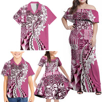 Aloha Vintage Plumeria Hawaiian Tapa Pattern Family Matching Off Shoulder Maxi Dress and Hawaiian Shirt Pink Hawaiian Tapa Pattern - Polynesian Pride