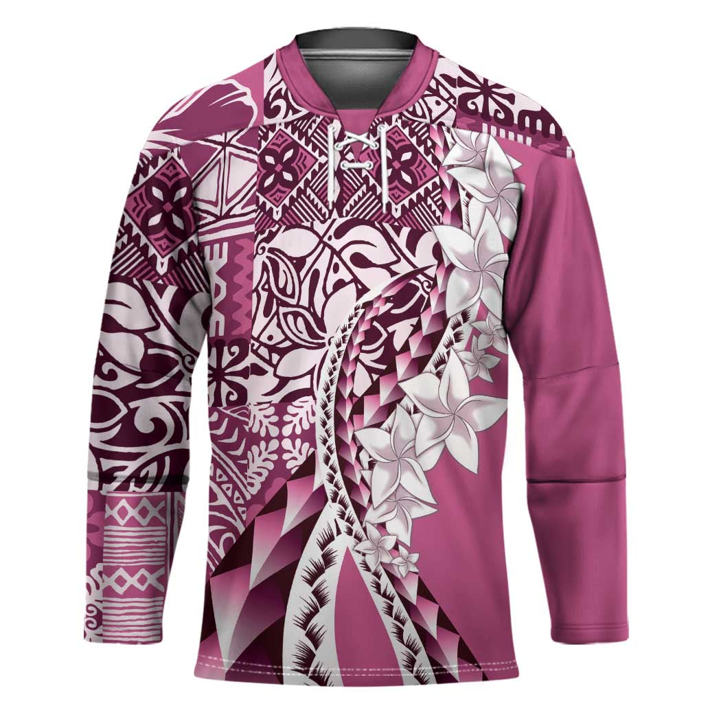 Aloha Vintage Plumeria Hawaiian Tapa Pattern Hockey Jersey Pink Hawaiian Tapa Pattern LT9 Unisex Pink - Polynesian Pride