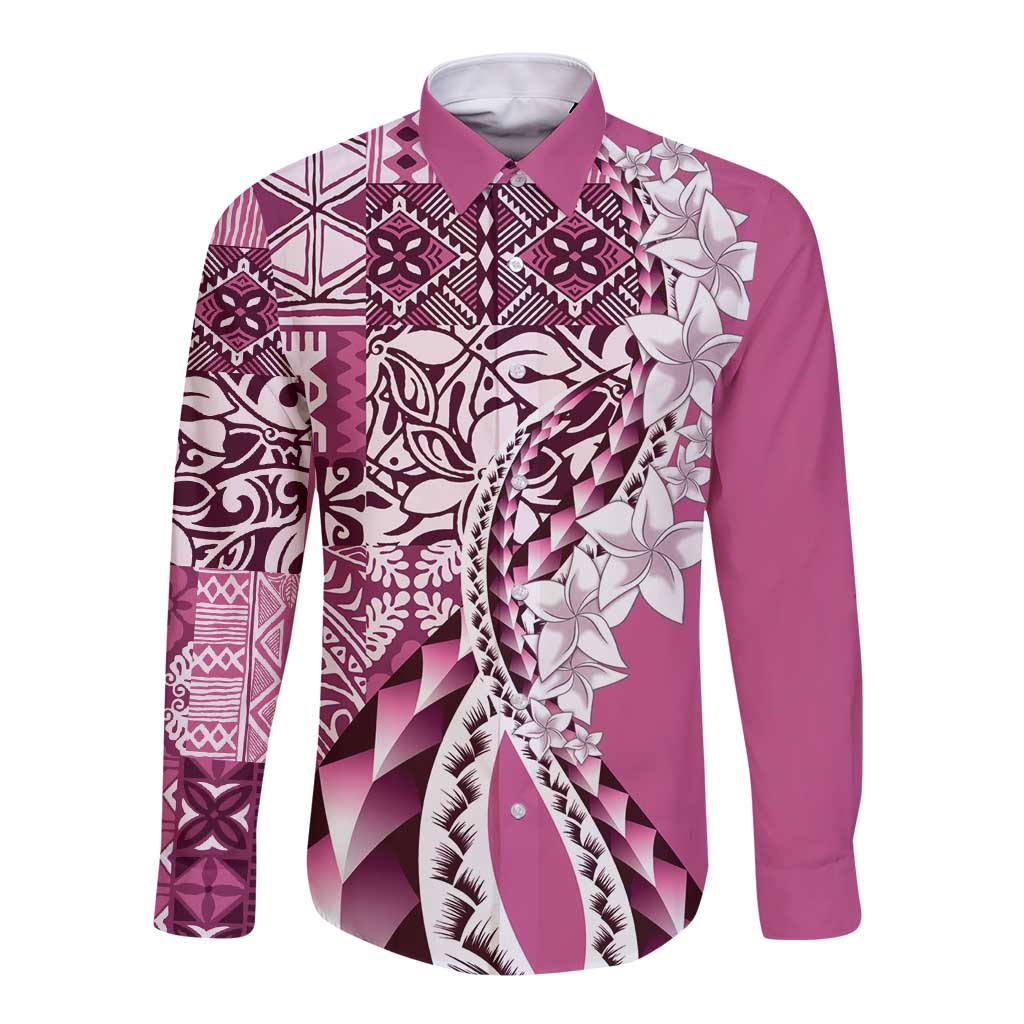 Aloha Vintage Plumeria Hawaiian Tapa Pattern Long Sleeve Button Shirt Pink Hawaiian Tapa Pattern LT9 Unisex Pink - Polynesian Pride