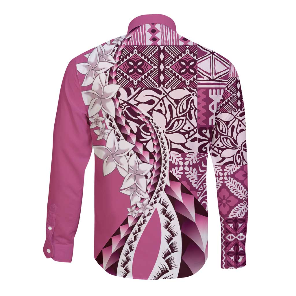 Aloha Vintage Plumeria Hawaiian Tapa Pattern Long Sleeve Button Shirt Pink Hawaiian Tapa Pattern LT9 - Polynesian Pride