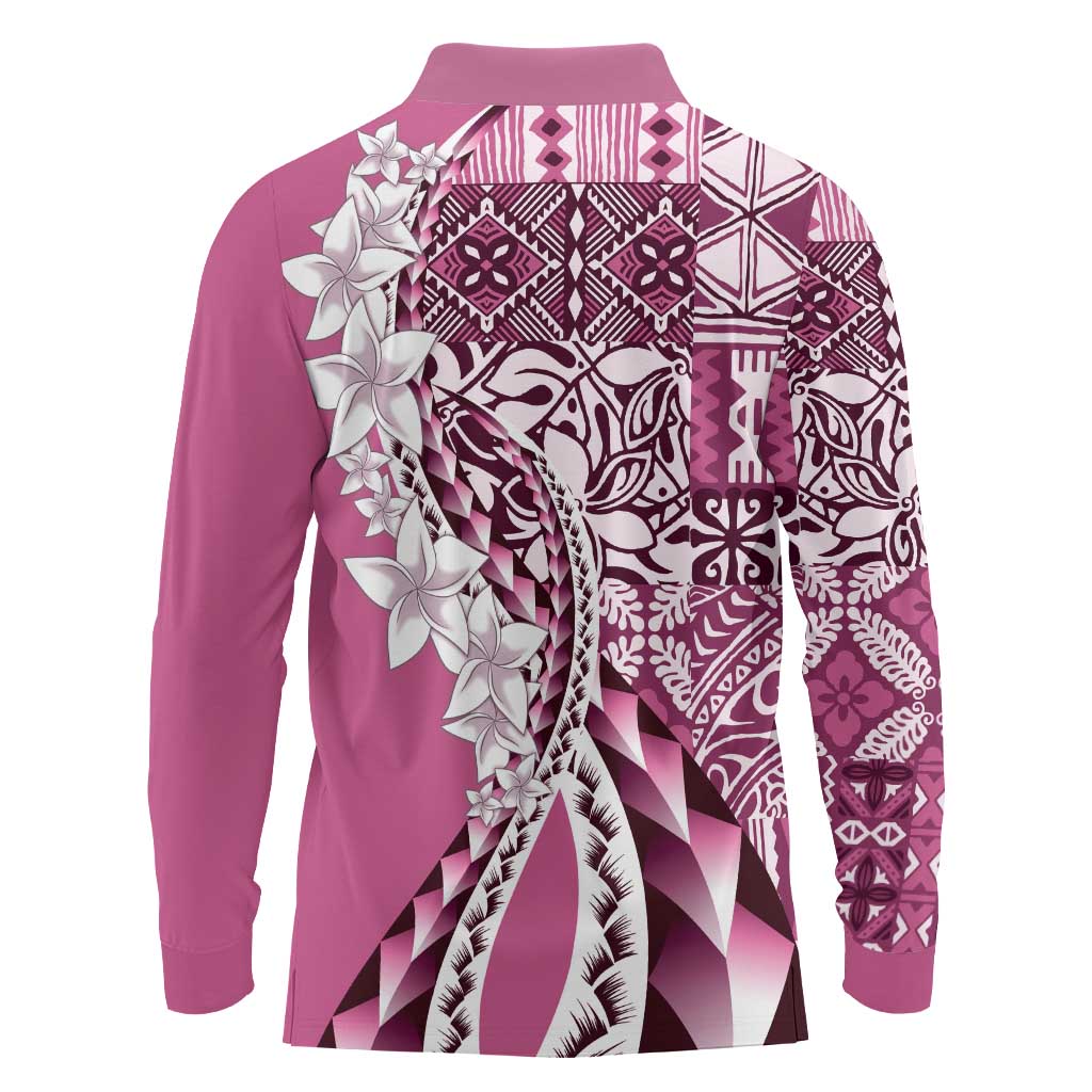 Aloha Vintage Plumeria Hawaiian Tapa Pattern Long Sleeve Polo Shirt Pink Hawaiian Tapa Pattern - Polynesian Pride