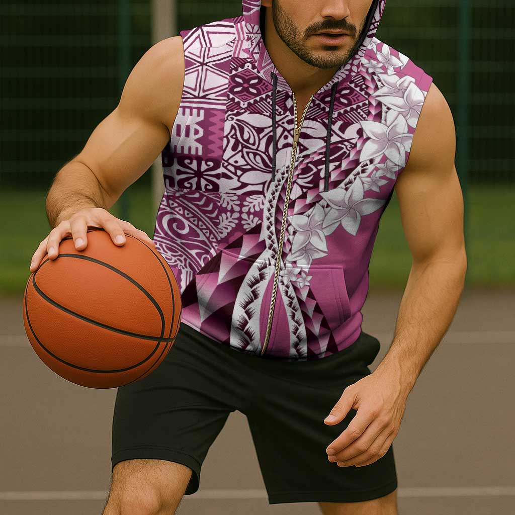 Aloha Vintage Plumeria Hawaiian Tapa Pattern Sleeveless Zip Hoodie Pink Hawaiian Tapa Pattern - Polynesian Pride