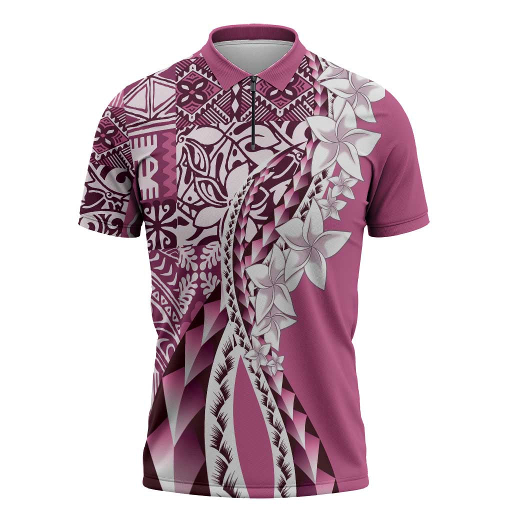 Aloha Vintage Plumeria Hawaiian Tapa Pattern Zipper Polo Shirt Pink Hawaiian Tapa Pattern - Polynesian Pride