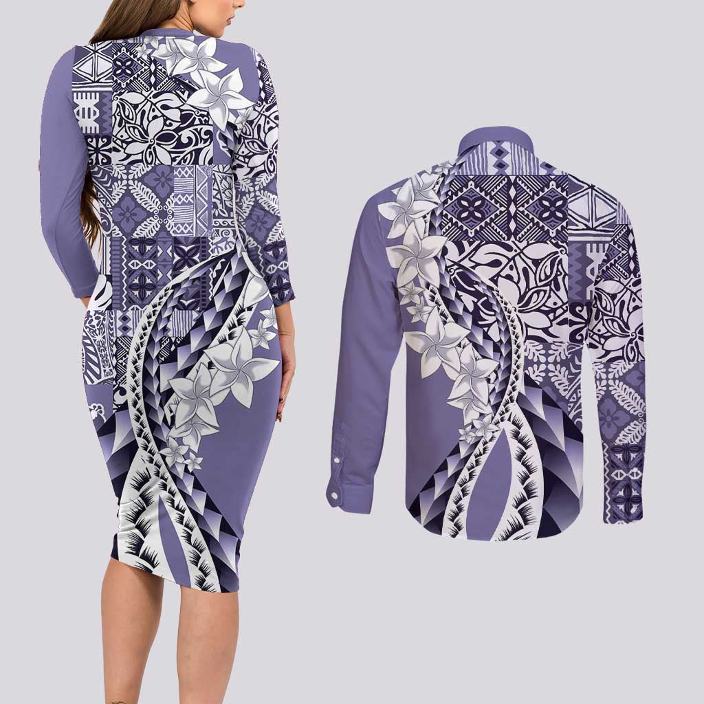 Aloha Vintage Plumeria Hawaiian Tapa Pattern Couples Matching Long Sleeve Bodycon Dress and Long Sleeve Button Shirt Purple Hawaiian Tapa Pattern - Polynesian Pride