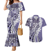 Aloha Vintage Plumeria Hawaiian Tapa Pattern Couples Matching Mermaid Dress and Hawaiian Shirt Purple Hawaiian Tapa Pattern - Polynesian Pride
