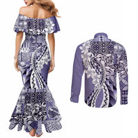 Aloha Vintage Plumeria Hawaiian Tapa Pattern Couples Matching Mermaid Dress and Long Sleeve Button Shirt Purple Hawaiian Tapa Pattern - Polynesian Pride