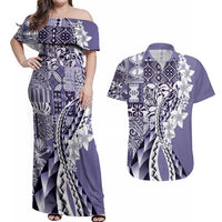 Aloha Vintage Plumeria Hawaiian Tapa Pattern Couples Matching Off Shoulder Maxi Dress and Hawaiian Shirt Purple Hawaiian Tapa Pattern - Polynesian Pride