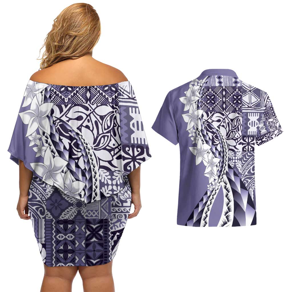 Aloha Vintage Plumeria Hawaiian Tapa Pattern Couples Matching Off Shoulder Short Dress and Hawaiian Shirt Purple Hawaiian Tapa Pattern - Polynesian Pride