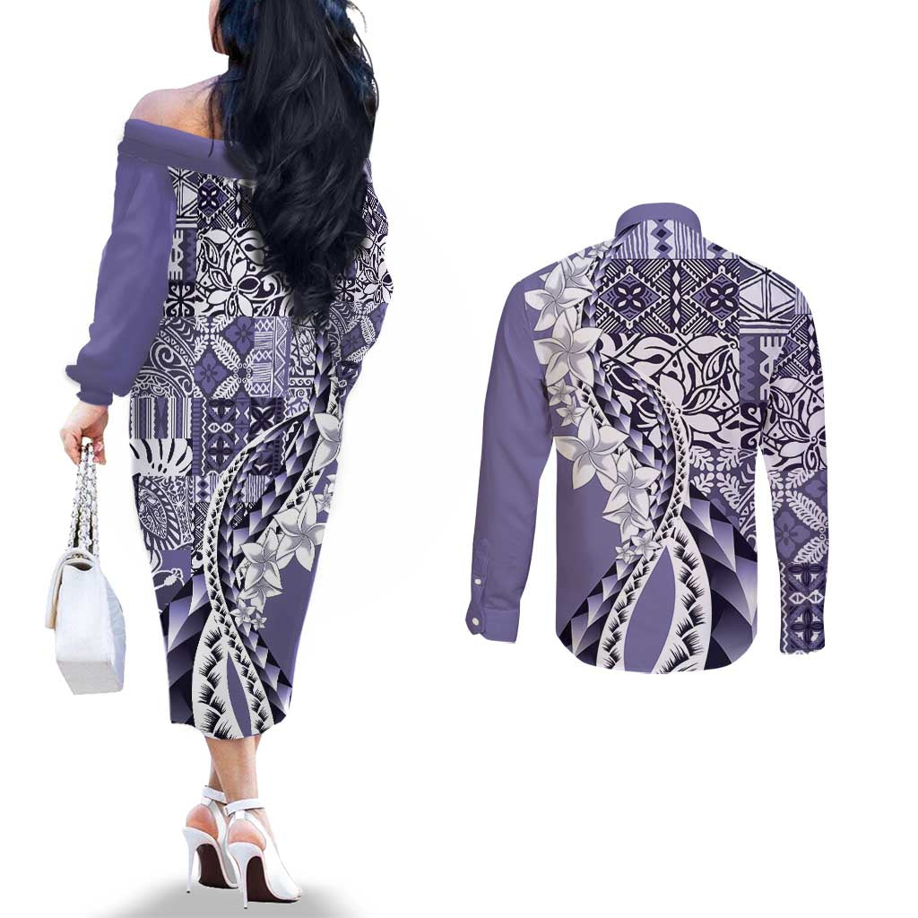 Aloha Vintage Plumeria Hawaiian Tapa Pattern Couples Matching Off The Shoulder Long Sleeve Dress and Long Sleeve Button Shirt Purple Hawaiian Tapa Pattern - Polynesian Pride
