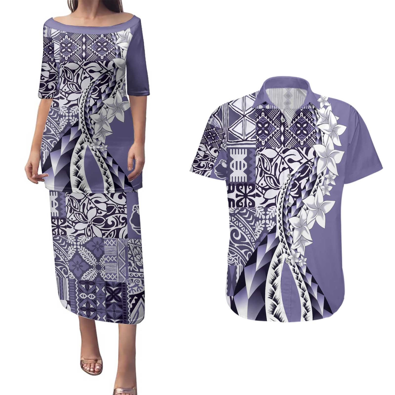 Aloha Vintage Plumeria Hawaiian Tapa Pattern Couples Matching Puletasi and Hawaiian Shirt Purple Hawaiian Tapa Pattern LT9 Purple - Polynesian Pride