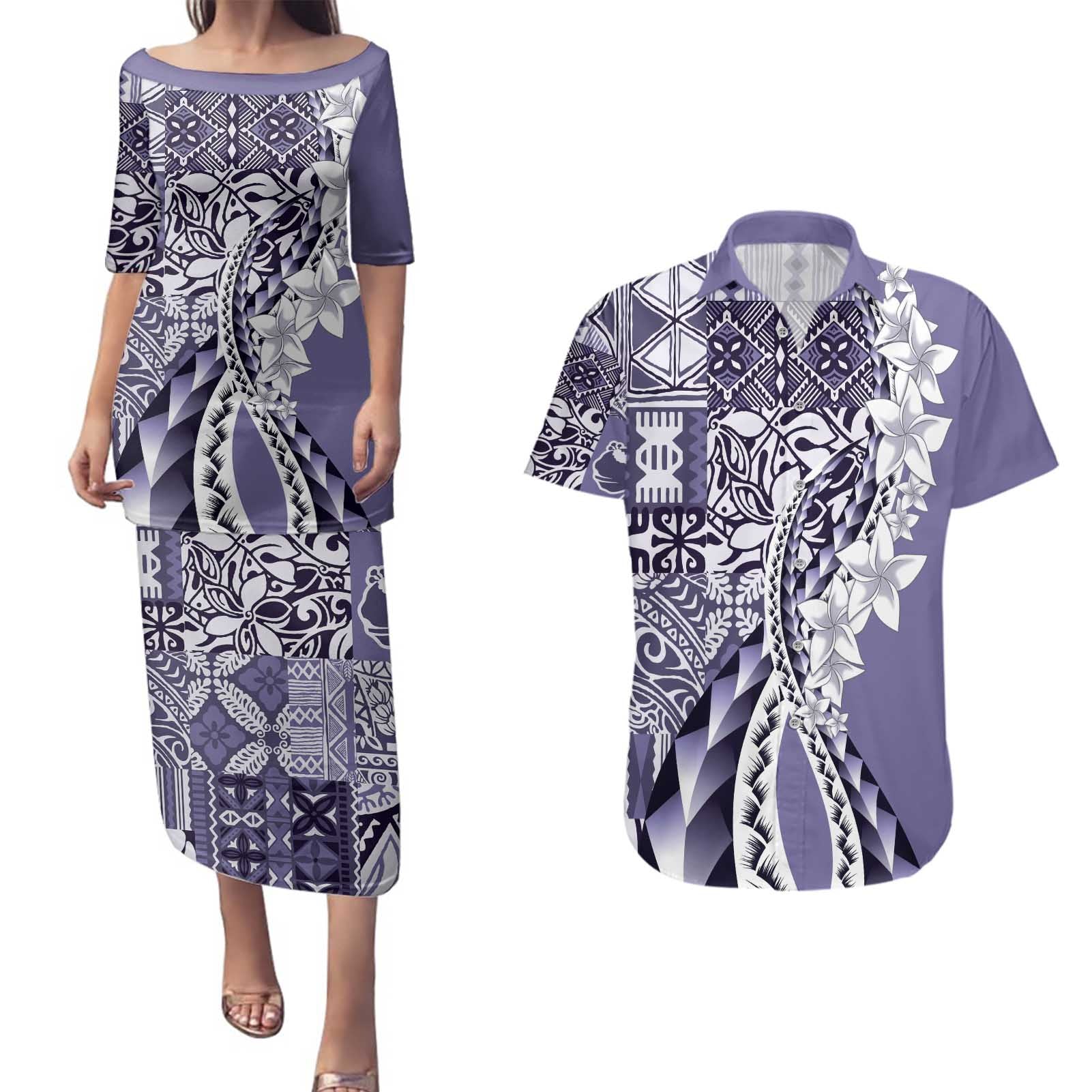 Aloha Vintage Plumeria Hawaiian Tapa Pattern Couples Matching Puletasi and Hawaiian Shirt Purple Hawaiian Tapa Pattern - Polynesian Pride