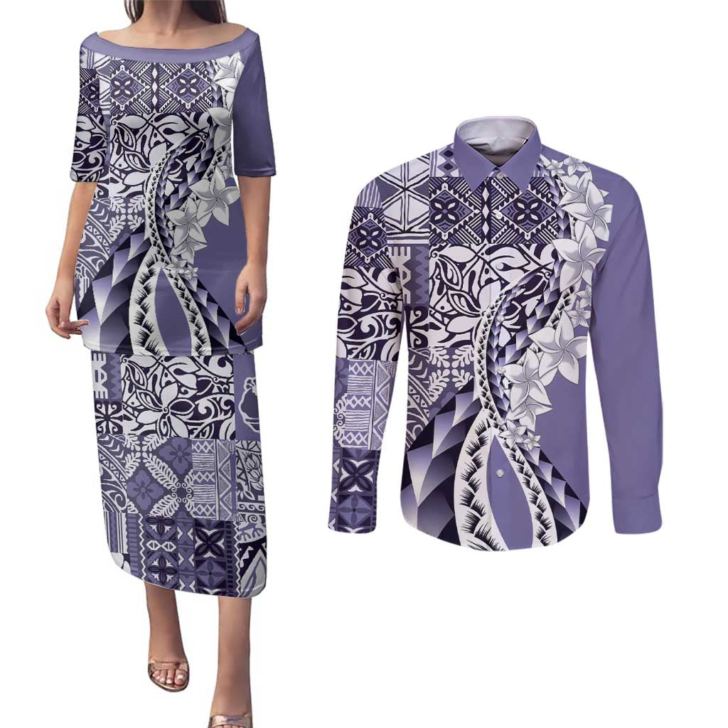 Aloha Vintage Plumeria Hawaiian Tapa Pattern Couples Matching Puletasi and Long Sleeve Button Shirt Purple Hawaiian Tapa Pattern LT9 Purple - Polynesian Pride