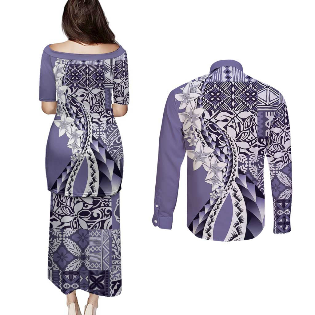 Aloha Vintage Plumeria Hawaiian Tapa Pattern Couples Matching Puletasi and Long Sleeve Button Shirt Purple Hawaiian Tapa Pattern - Polynesian Pride