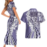 Aloha Vintage Plumeria Hawaiian Tapa Pattern Couples Matching Short Sleeve Bodycon Dress and Hawaiian Shirt Purple Hawaiian Tapa Pattern - Polynesian Pride