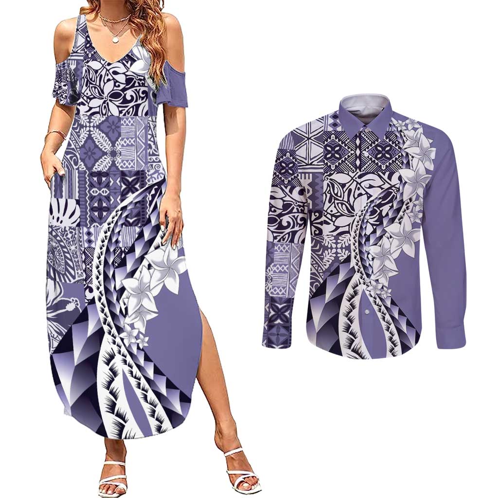 Aloha Vintage Plumeria Hawaiian Tapa Pattern Couples Matching Summer Maxi Dress and Long Sleeve Button Shirt Purple Hawaiian Tapa Pattern - Polynesian Pride